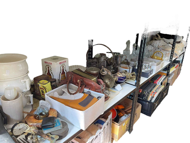 Cased violin, oars, vintage tools, animal rug, metalwares, glass, leather bag, etc.