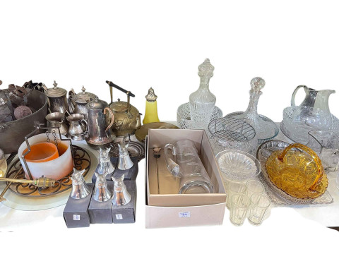 Cased violin, oars, vintage tools, animal rug, metalwares, glass, leather bag, etc. thumbnail