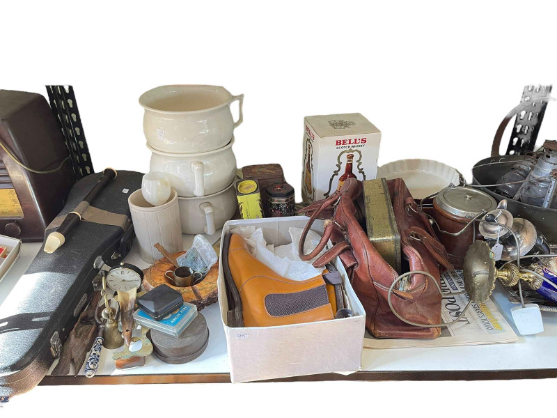 Cased violin, oars, vintage tools, animal rug, metalwares, glass, leather bag, etc.