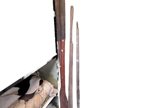 Cased violin, oars, vintage tools, animal rug, metalwares, glass, leather bag, etc. thumbnail