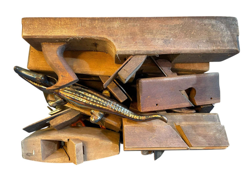 Collection of tools, wooden chest, etc.