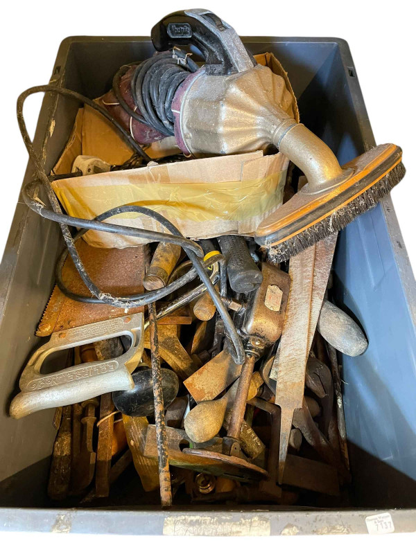 Collection of tools, wooden chest, etc.