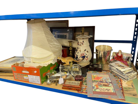Mason's lamp, postcards, PHG cards, prints, Royal Doulton Sweet and Twenty...