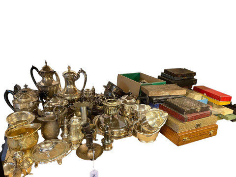 Collection of metalwares including cased cutlery, teapots, etc.