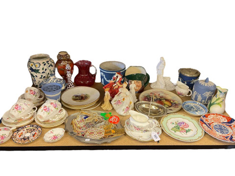 Collection of lady figurines, costume jewellery, Derby posies, Toby Philpotts...
