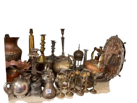 Large collection of metalwares including pewter tankards, decorative tray, candlesticks, jugs, etc, together with planter and stand. thumbnail