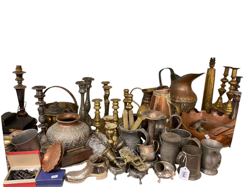 Large collection of metalwares including pewter tankards, decorative tray, candlesticks, jugs, etc, together with planter and stand.