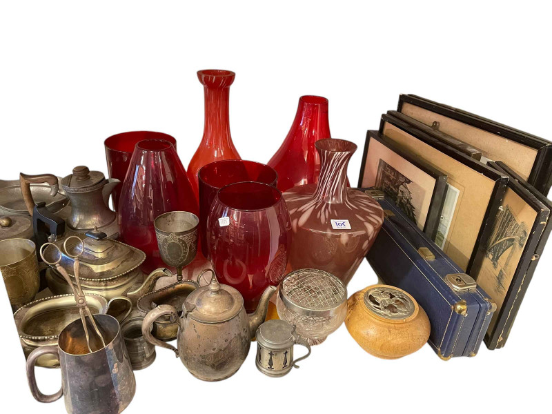 Collection of prints, metalwares, part tea wares, glass, etc.