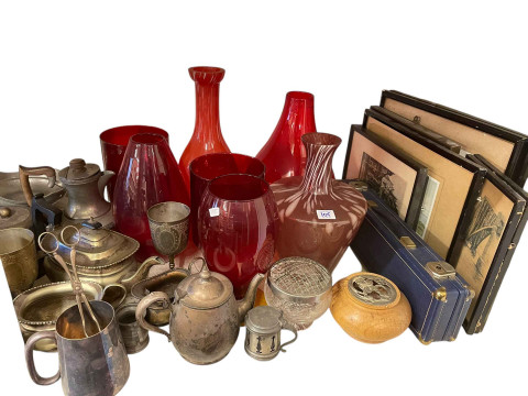 Collection of prints, metalwares, part tea wares, glass, etc. thumbnail