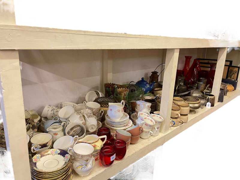 Collection of prints, metalwares, part tea wares, glass, etc.