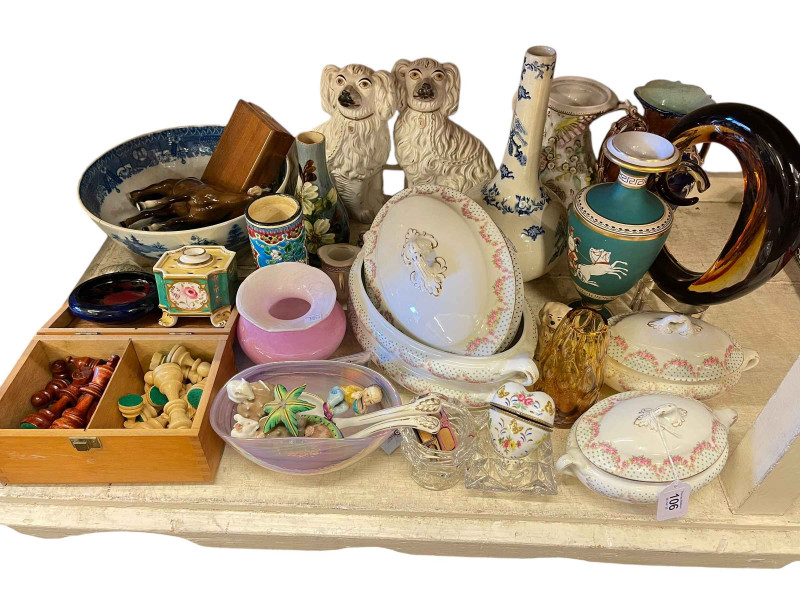 Staffordshire dogs, Booths tureens, chess pieces, etc.