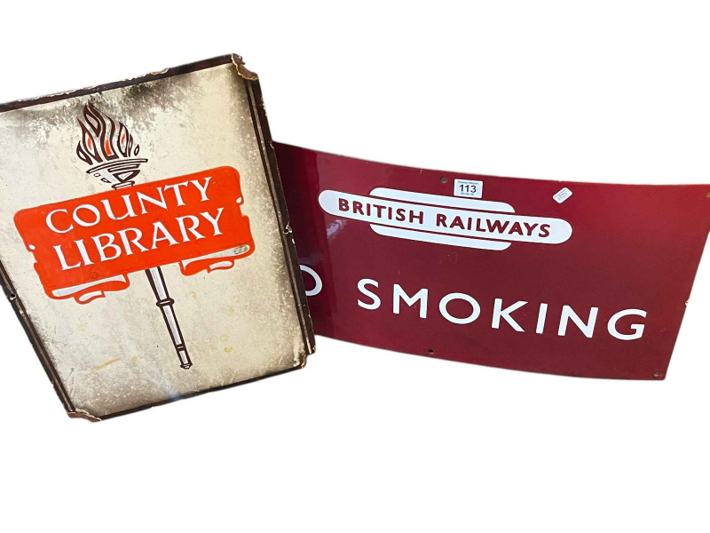 Two enamel signs 'British Railway No Smoking' and 'County Library'.