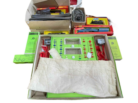 Three Hornby Triang loco's, Marshal II control unit, track, Subbuteo game...