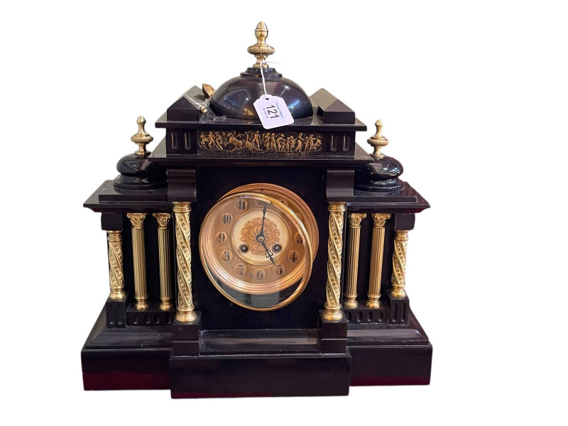 Large slate and brass pillared mantel clock with brass and enamel dial.
