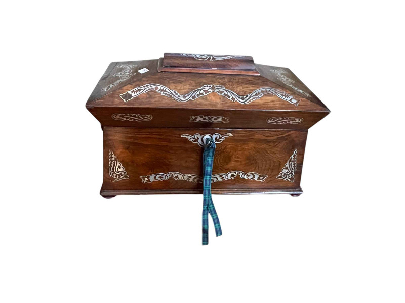 Georgian rosewood and mother of pearl inlaid tea caddy with internal mixing bowl, 21cm high.