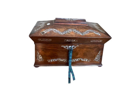 Georgian rosewood and mother of pearl inlaid tea caddy with internal mixing...
