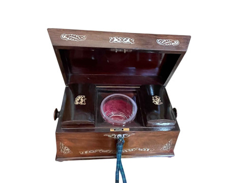 Georgian rosewood and mother of pearl inlaid tea caddy with internal mixing bowl, 21cm high. thumbnail