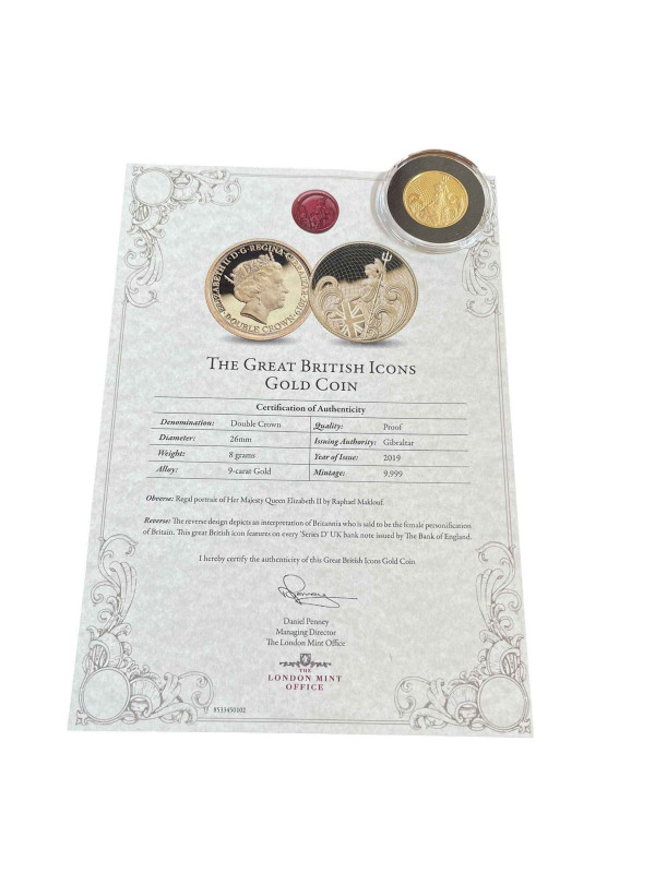 The Great British Icons double crown 2019 gold coin (8g). Issued by the London Mint Office. With certificate.