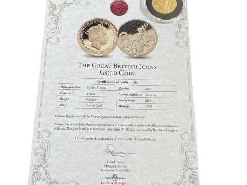 The Great British Icons double crown 2019 gold coin (8g). Issued by the...
