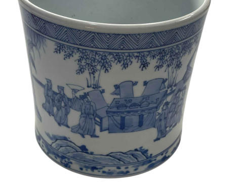 Chinese blue and white brush pot decorated with figures and landscape,...