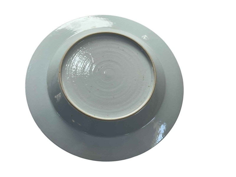 Chinese famille rose plate decorated with figures in a garden with floral border, 22.5cm diameter.
