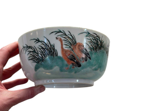 Chinese bowl decorated with birds and verse and floral interior, painted mark to base, 15.5cm diameter. thumbnail