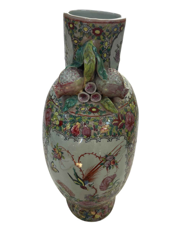 Large Cantonese 19th Century flask shaped vase decorated with figures in panels surrounded by flowers and butterflies, the short cylindrical neck flanked with pomegranates, 40.5cm.