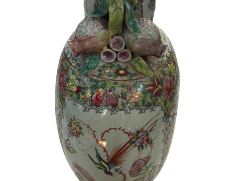 Large Cantonese 19th Century flask shaped vase decorated with figures in panels surrounded by flowers and butterflies, the short cylindrical neck flanked with pomegranates, 40.5cm. thumbnail