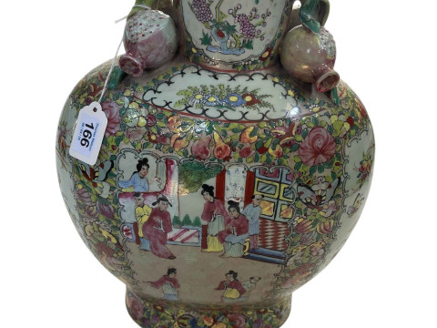 Large Cantonese 19th Century flask shaped vase decorated with figures...