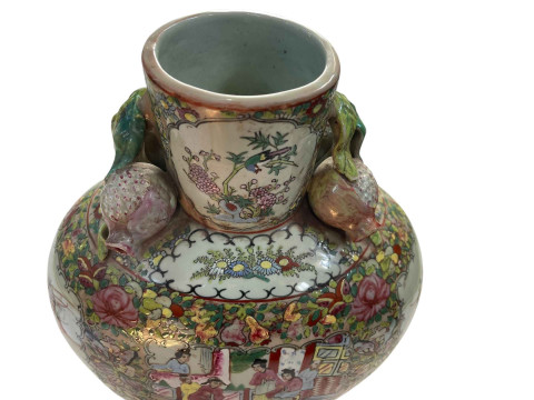 Large Cantonese 19th Century flask shaped vase decorated with figures in panels surrounded by flowers and butterflies, the short cylindrical neck flanked with pomegranates, 40.5cm. thumbnail
