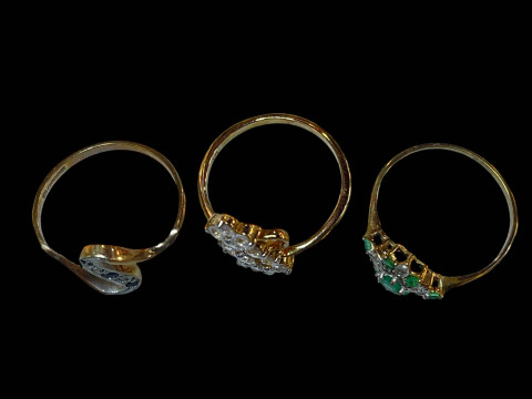 Sapphire and diamond 9 carat gold ring and two 9 carat gold gem set rings. thumbnail