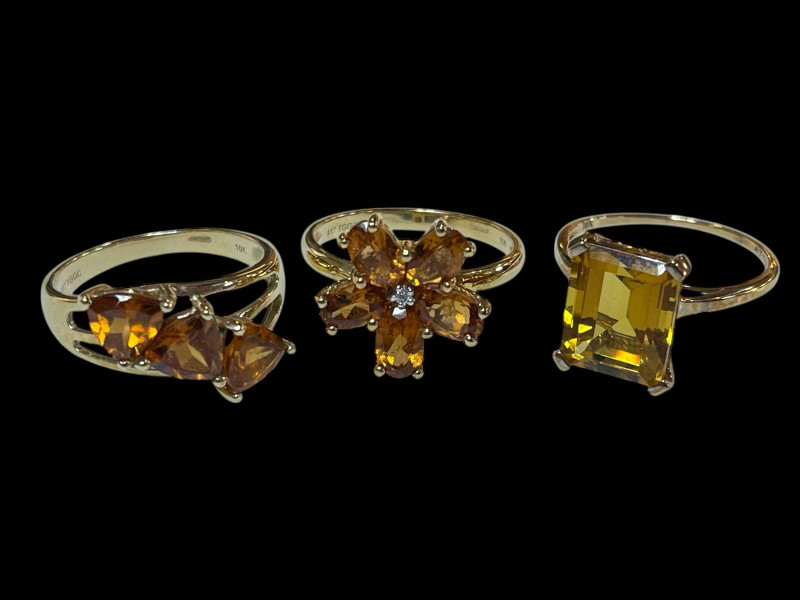 Three 9 carat gold gem set rings.