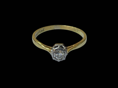 18 carat yellow gold and platinum set solitaire diamond ring, size N.