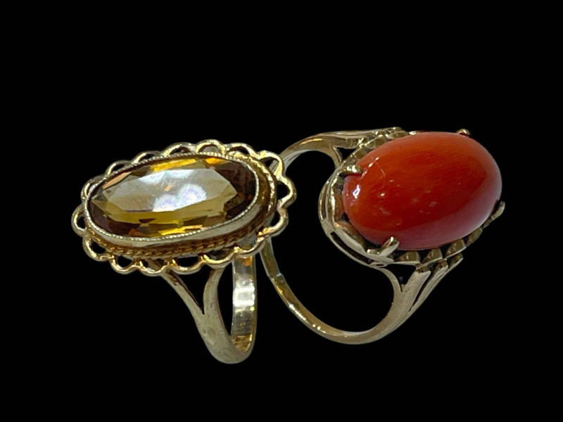 9 carat yellow gold and coral ring and 9 carat yellow gold and citrine ring, both size N.