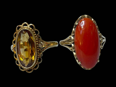 9 carat yellow gold and coral ring and 9 carat yellow gold and citrine ring, both size N. thumbnail