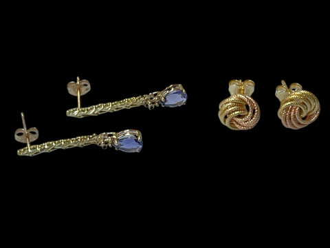 Pair of 10k tanzanite drop earrings and pair of two colour 18 carat gold...