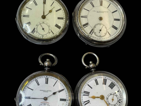 Collection of four silver pocket watches including Waltham, J & JE Wilkinson...