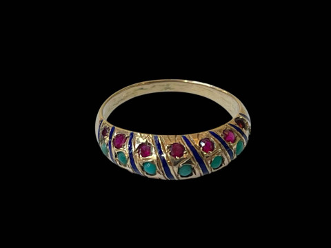 Turquoise, ruby and blue enamel gold ring, tested for 14 carat, size P.