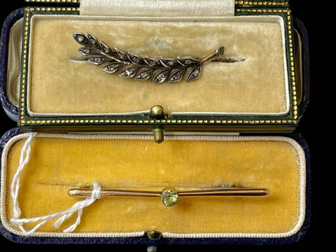 Diamond set leaf design brooch and 9 carat gem set bar brooch.