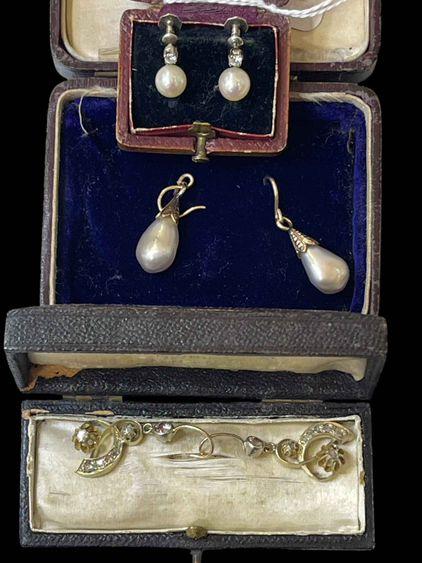 Pair of pearl drop earrings, pair of diamond and pearl earrings and pair of diamond set drop earrings.