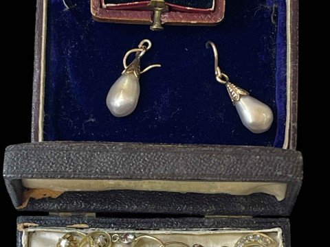 Pair of pearl drop earrings, pair of diamond and pearl earrings and pair...