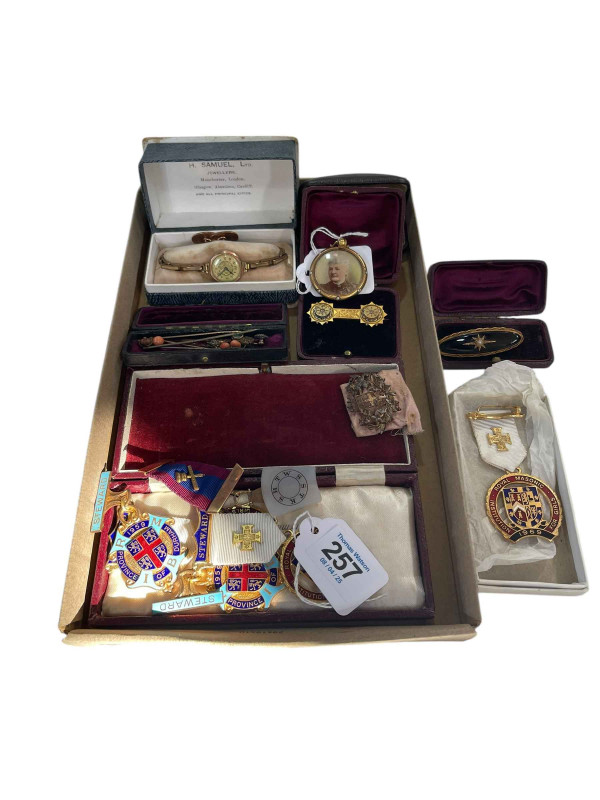 Masonic and other medals, wristwatch, brooches, stick pins, etc.
