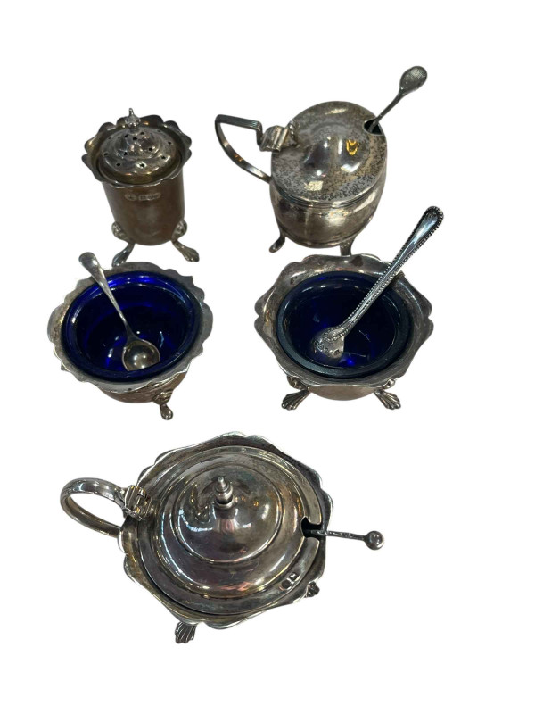 Three piece silver cruet set, salt and mustard pot.