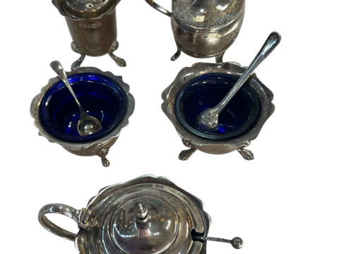 Three piece silver cruet set, salt and mustard pot.