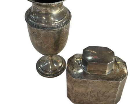 Silver urn shaped vase with loaded foot and Edwardian silver canister,...
