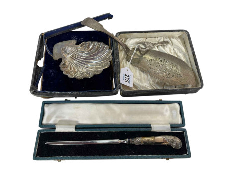 Silver shell dish, fish slice, crown bottle opener and letter opener.