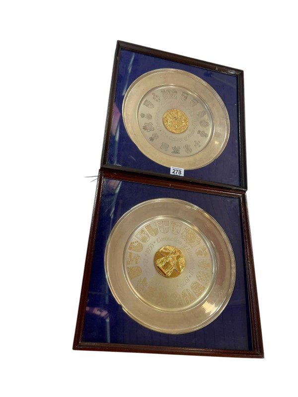 Two silver commemorative plates for the Coronation of QEII 1953-1978 with gilt image of the Coronation surrounded by Coats of Arms with names for each to the reverse, marks for the Yorkshire Mint.
