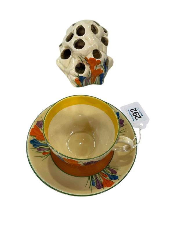 Clarice Cliff 'Crocus' cup and saucer, and flower frog.