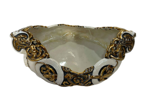 Belleek black mark Celtic boat bowl, 26cm long.
