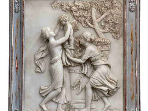 Classical framed plaque depicting a winged cherub and two maidens, 63cm...